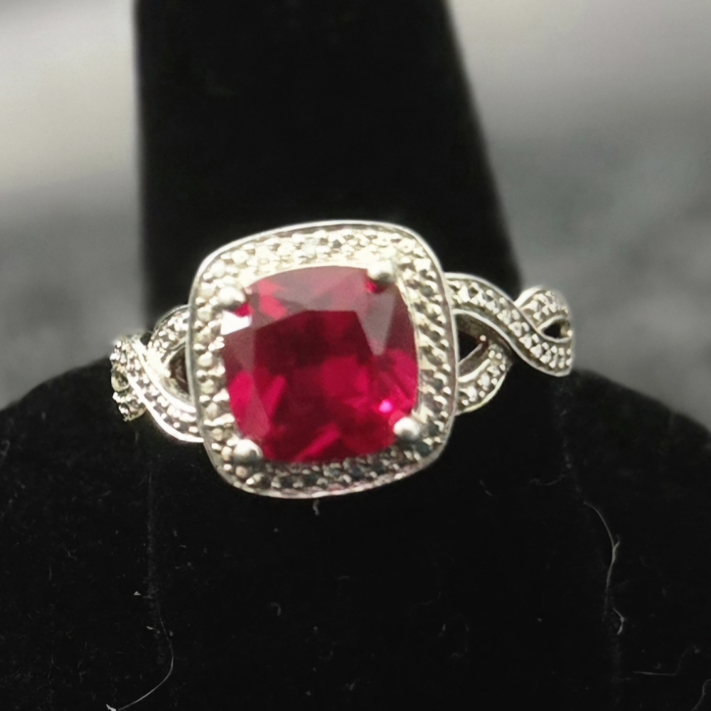 Cushion Cut Lab-Created 8mm Ruby Sterling Silver Size 7.5 (Kay Jewelers Ring)
